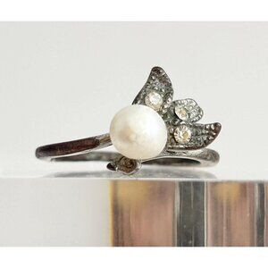 Faux Pearl Dainty Minimal Gemstone Silver Toned Vintage Cute Ring - sz 7